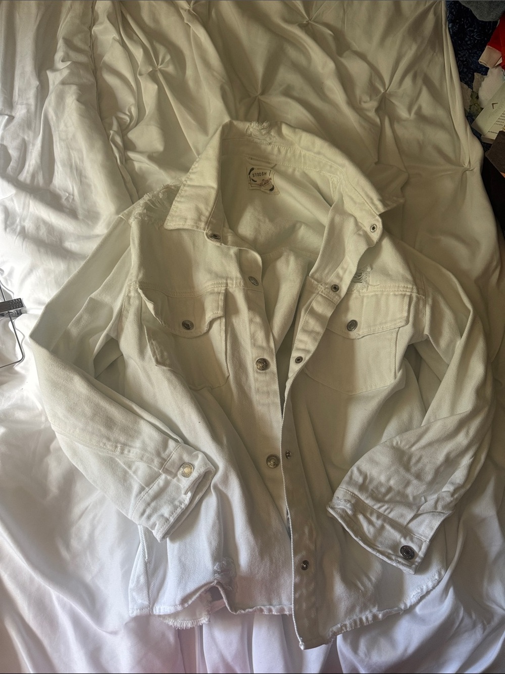 Stoosh White Women’s Denim Jacket with Frayed Hem